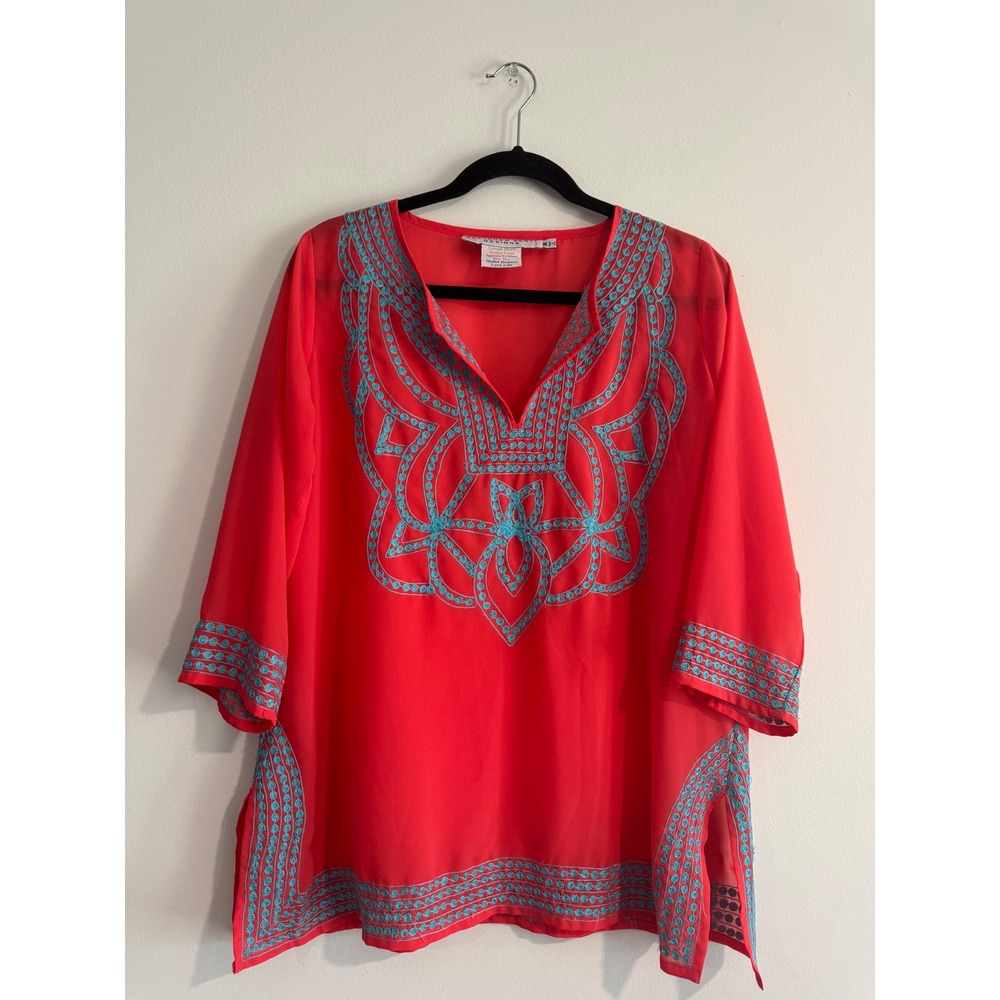 Gretchen Scott Designs Coral Tunic with Teal Embroidery